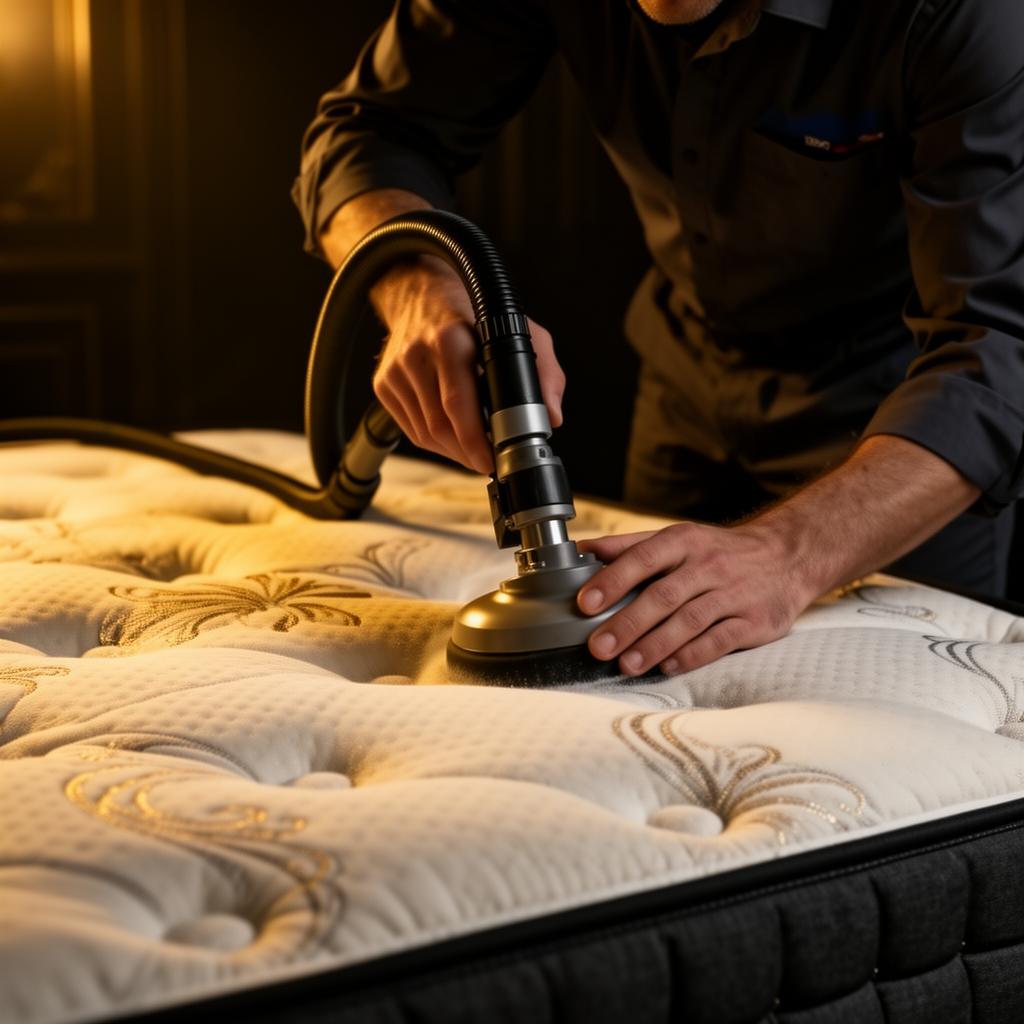 Técnico higienizando colchão profissionalmente